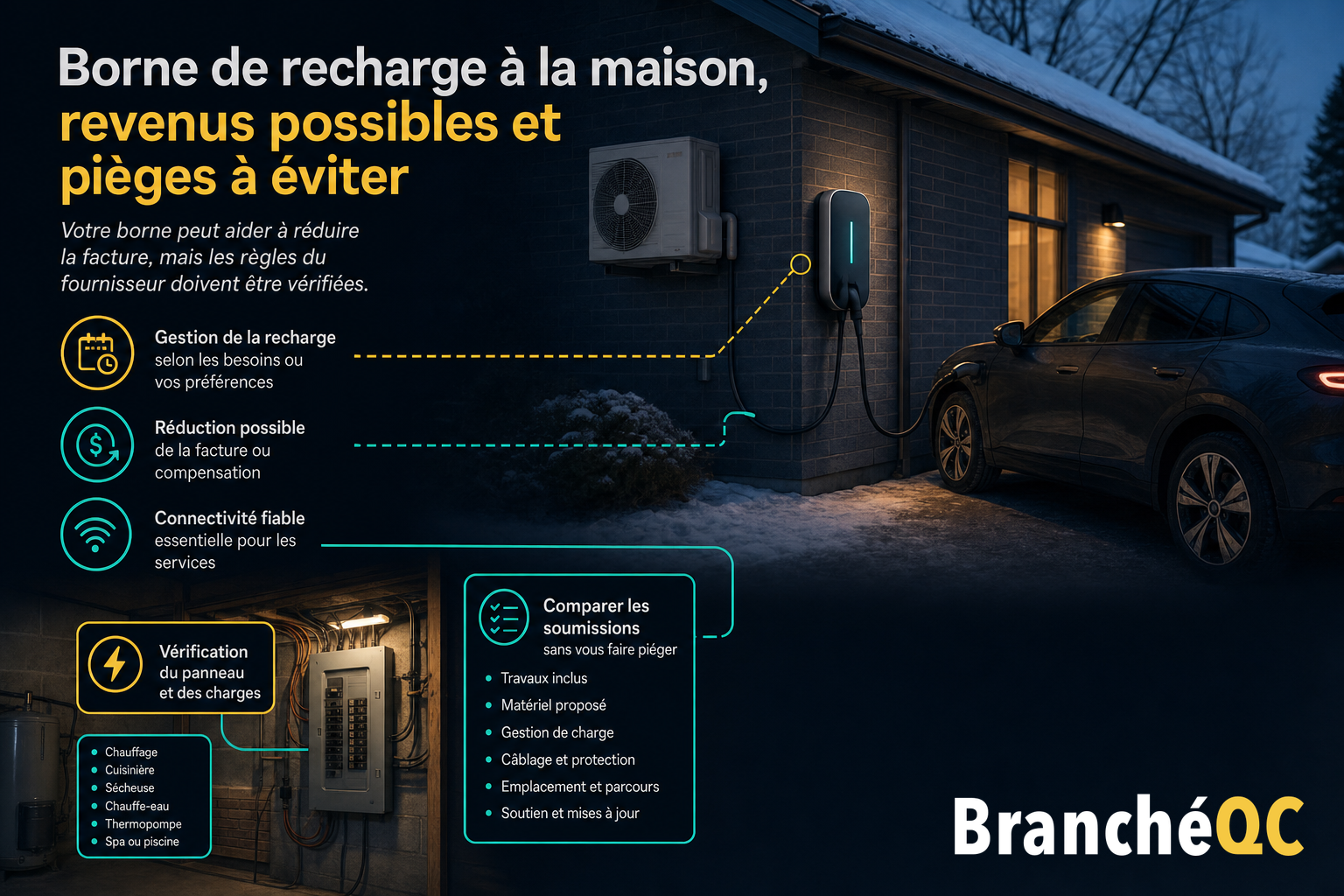 Infographie sur une borne de recharge résidentielle, avec voiture électrique, maison et conseils pour éviter les pièges.