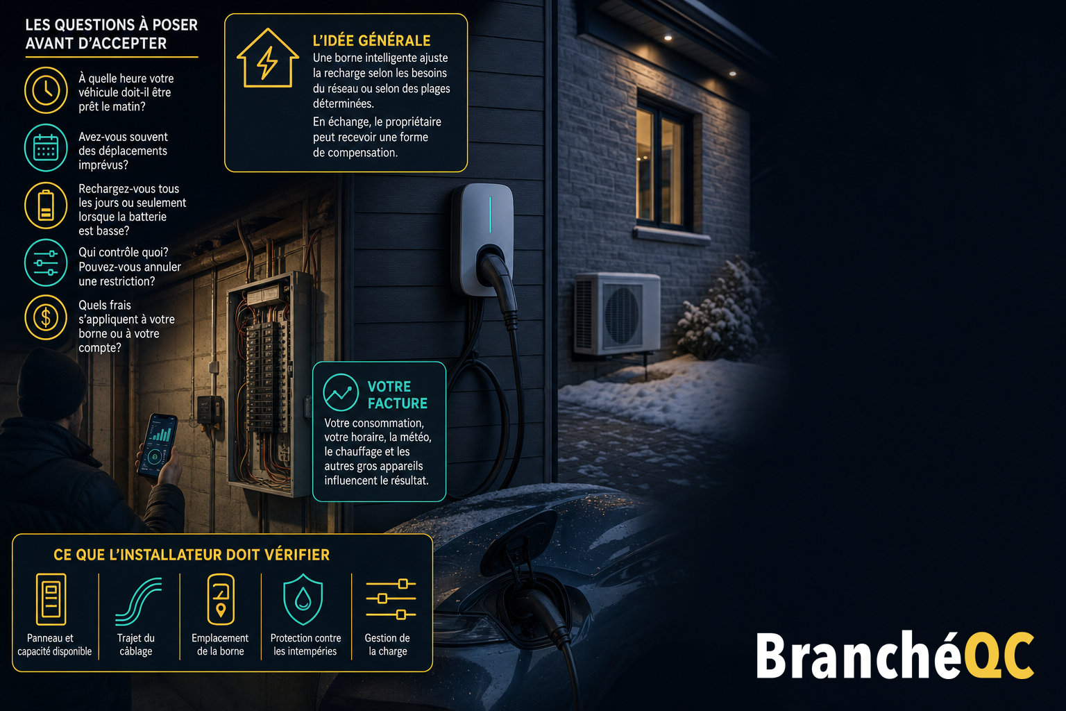 Infographie sur la recharge intelligente d’un véhicule électrique à la maison, avec borne, facture et vérifications.