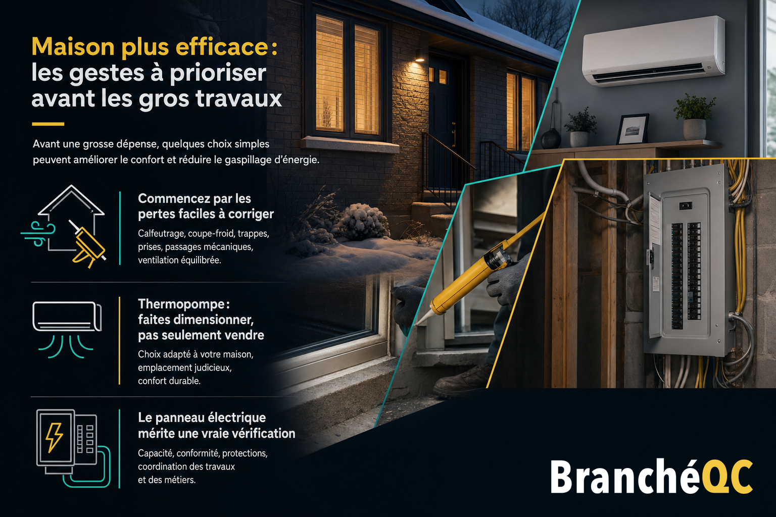 Infographie sur l’efficacité énergétique à la maison, avec calfeutrage, thermopompe et panneau électrique.