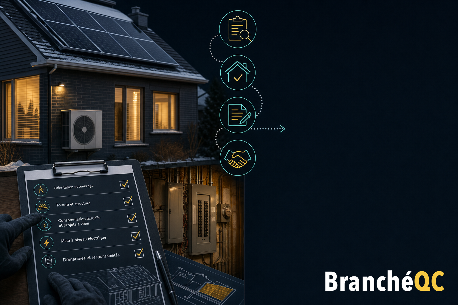 Maison avec panneaux solaires, thermopompe et liste de vérification énergétique au premier plan.