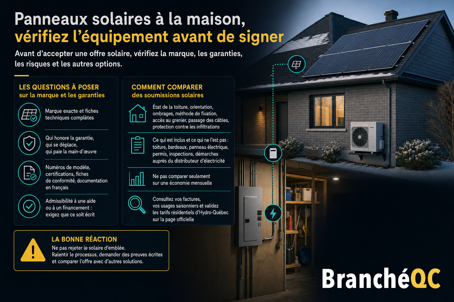 Maison avec panneaux solaires sur le toit et conseils pour vérifier une offre avant de signer.