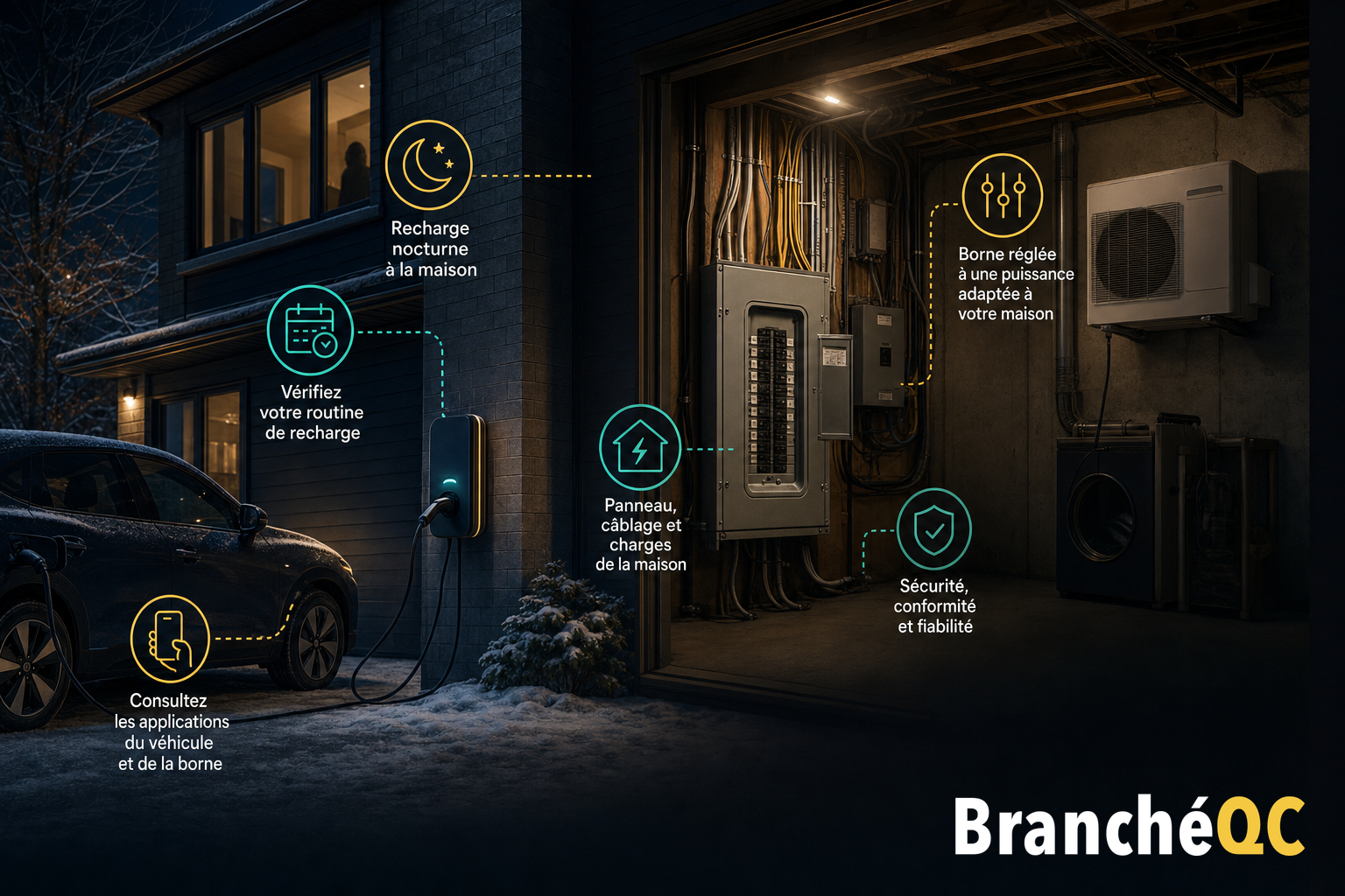 Voiture électrique branchée devant une maison, garage ouvert montrant le panneau électrique et des conseils.
