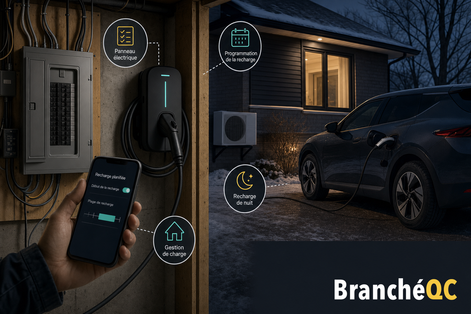 Voiture électrique branchée à domicile, avec borne murale, panneau électrique et appli de recharge planifiée.
