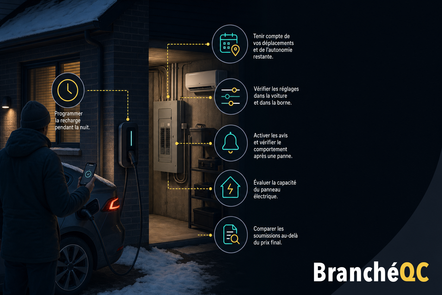 Personne rechargeant une voiture électrique à domicile avec conseils sur la recharge et l’installation.