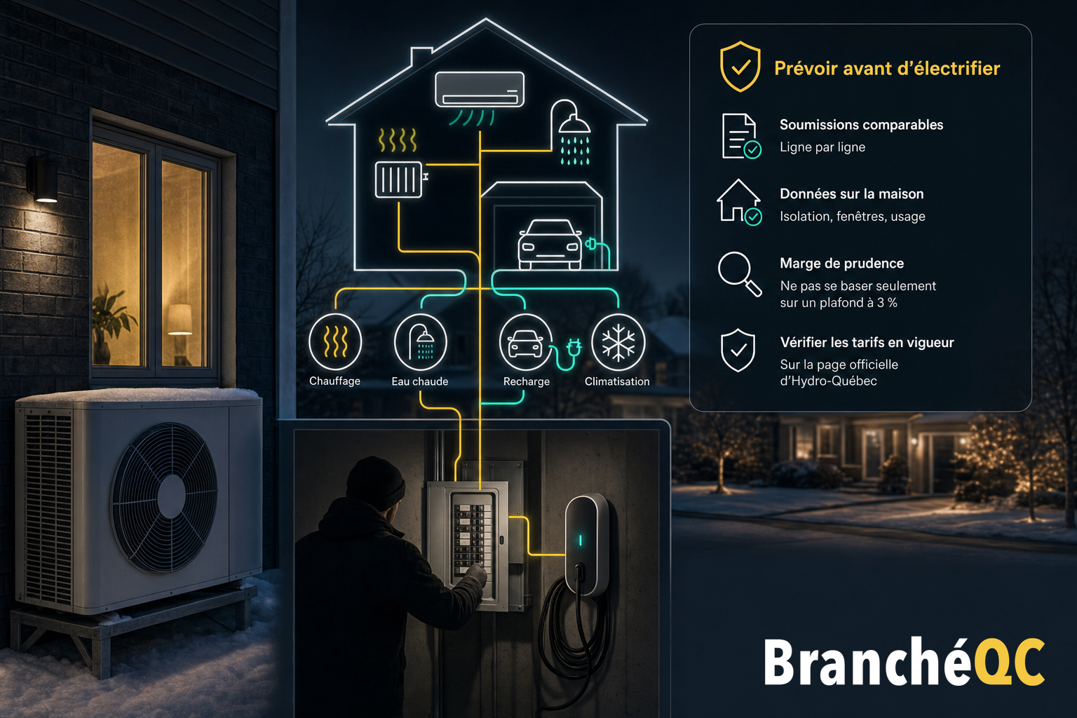 Thermopompe, panneau électrique et schéma des usages d’énergie d’une maison avec conseils de planification