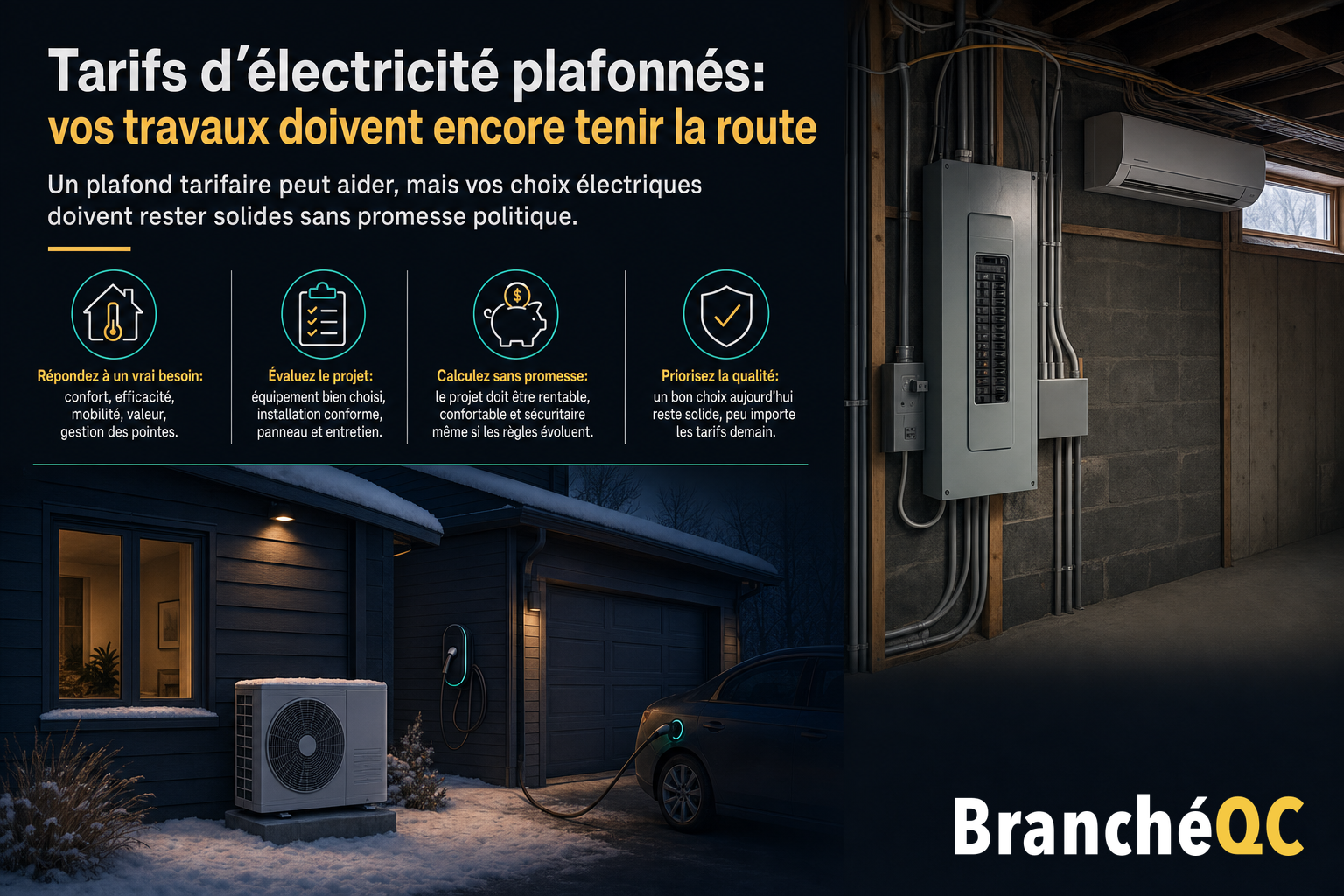 Infographie sur les tarifs d’électricité, avec maison, thermopompe, borne de recharge et panneau électrique.
