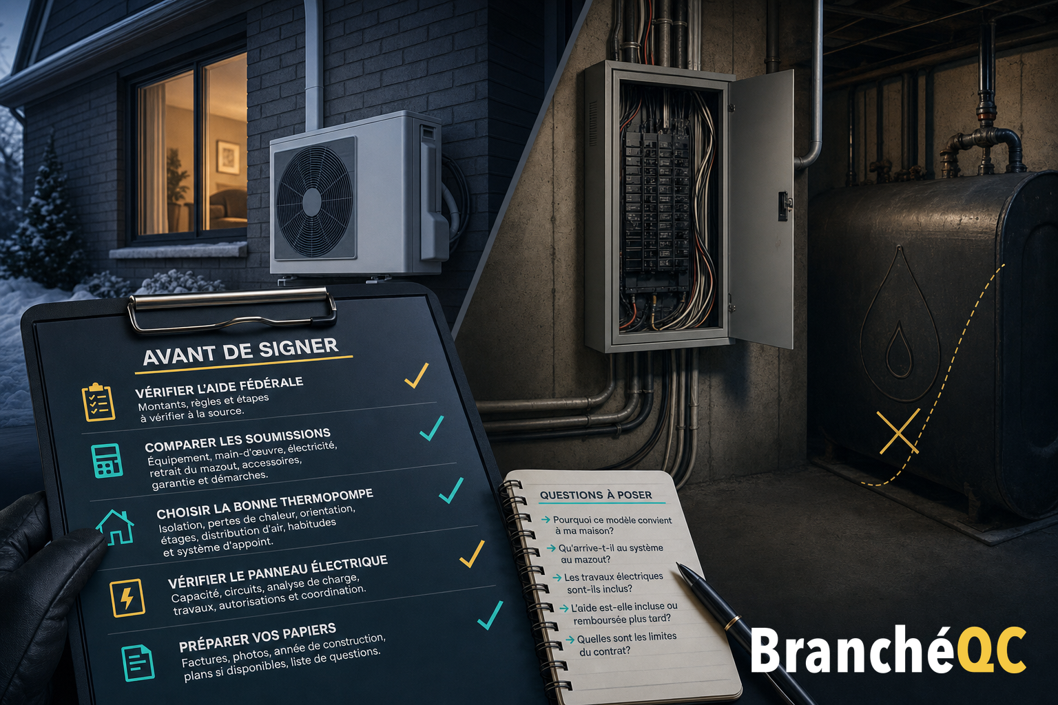 Liste de vérifications avant l’achat d’une thermopompe, avec panneau électrique et réservoir de mazout au sous-sol