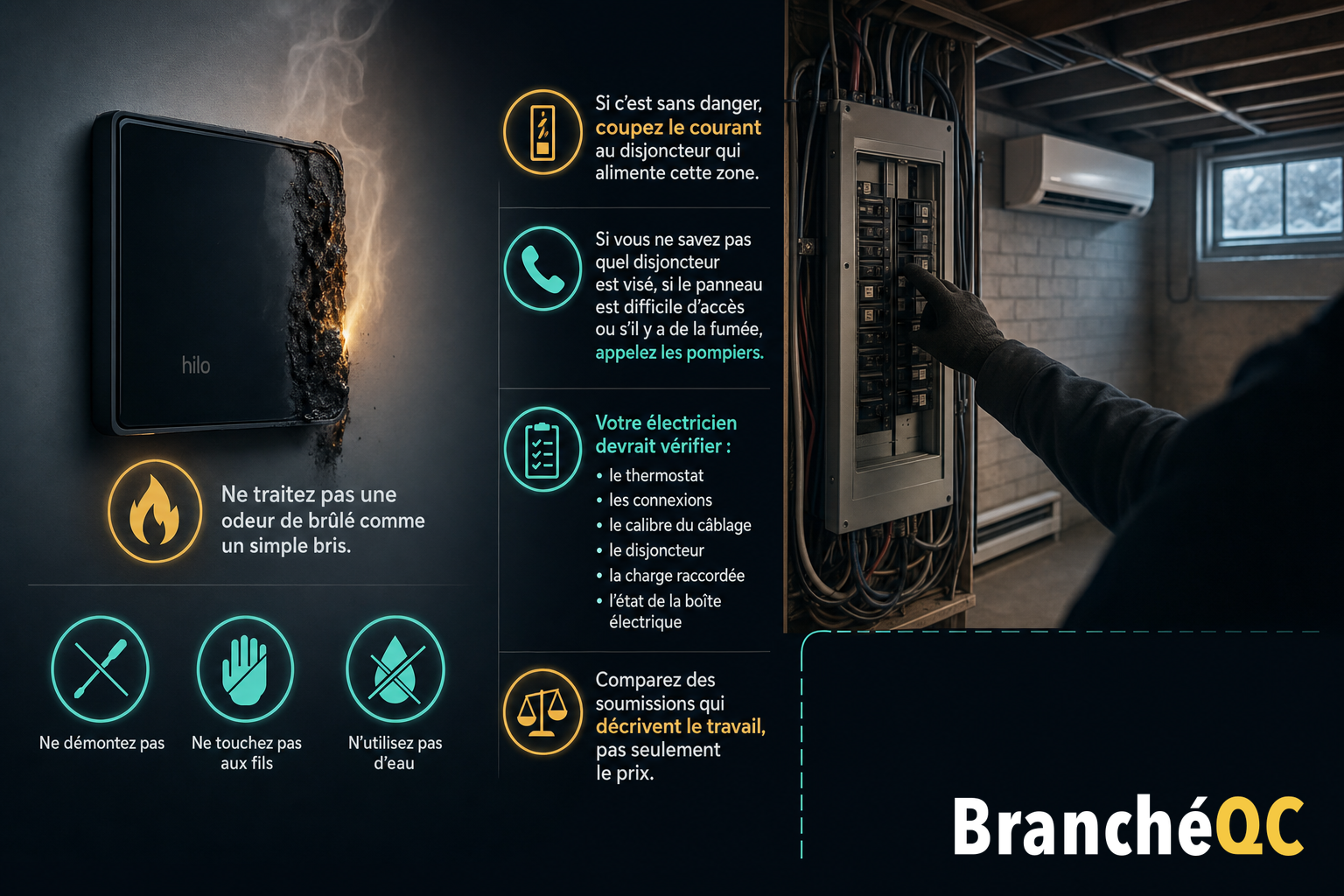 Thermostat brûlé fumant et personne coupant le courant dans un panneau électrique au sous-sol.