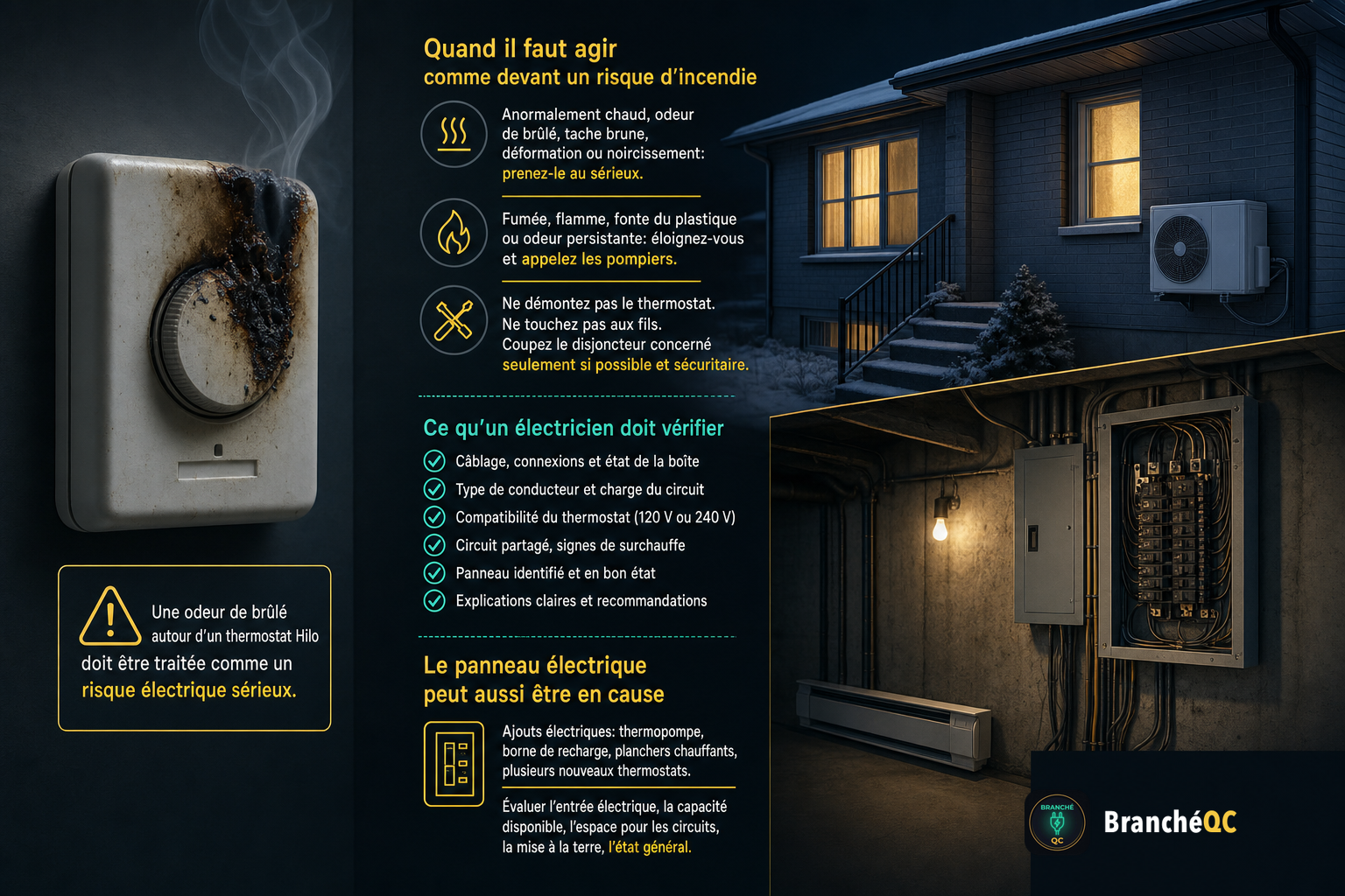 Thermostat brûlé fumant avec conseils de sécurité et panneaux montrant une maison et un panneau électrique.