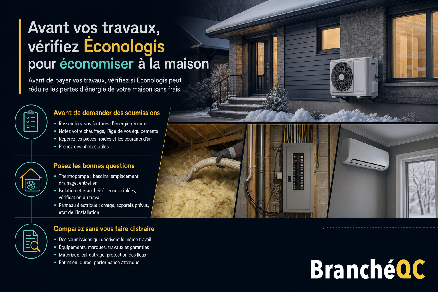Infographie sur Éconologis avec maison en hiver, thermopompe, isolation, panneau électrique et conseils de rénovation