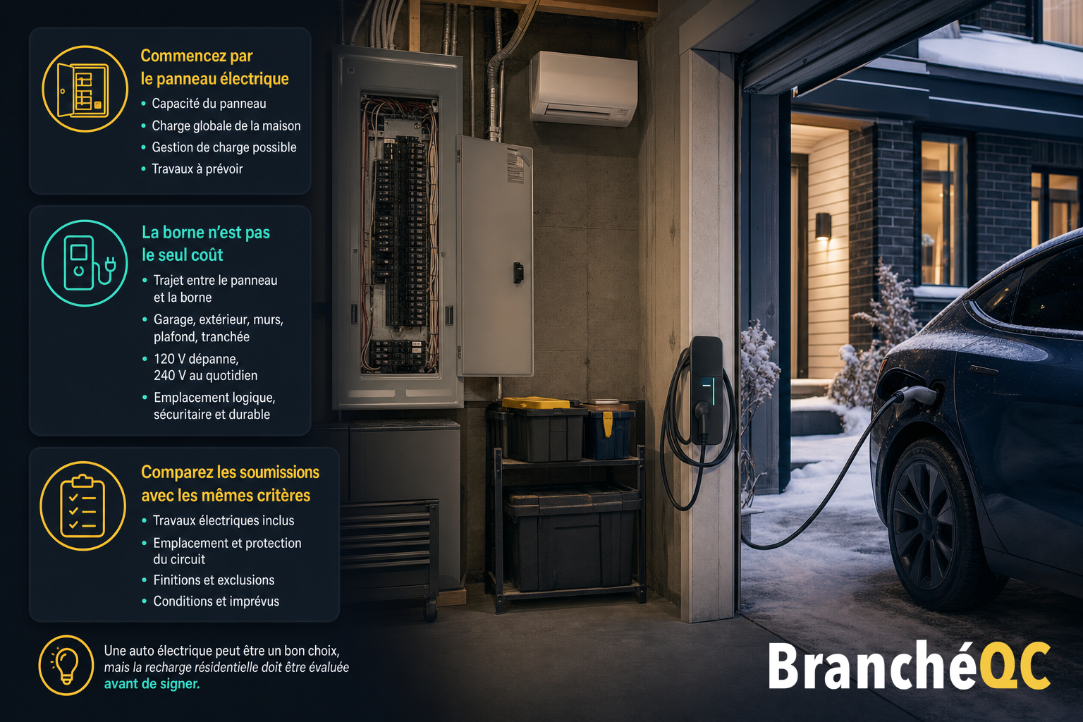Garage avec voiture électrique en recharge, panneau ouvert et conseils pour choisir une borne résidentielle.